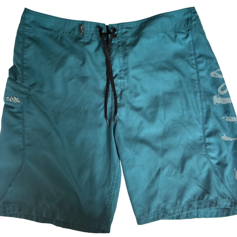 Salt Life Mens Board Shorts Teal Blue Lace Up Logo Graphic Cargo Pocket Surf‎ 36